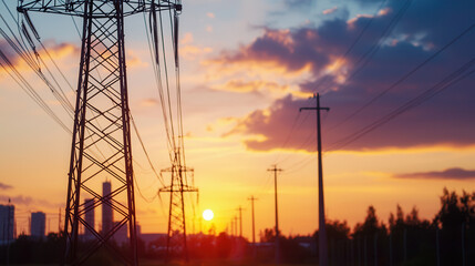 Sunset over power lines with silhouettes of towers and buildings in background, creating serene atmosphere