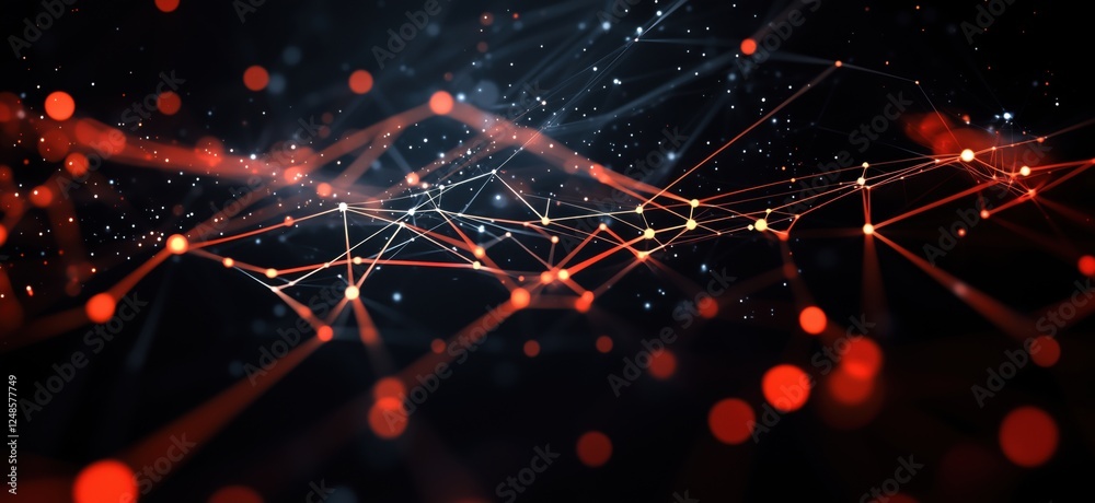 Poster abstract digital network visualization with glowing nodes and connections in red and white, copy spa