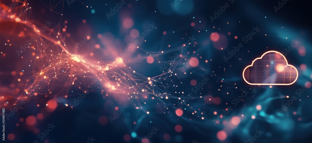 Poster Abstract digital cloud computing network with glowing connections and data visualization, copy space for text