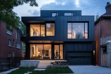 Obraz premium a sleek modern home exterior featuring a dramatic black metal roof with clean lines, expansive windows, minimalist facade, twilight lighting, and architectural sophistication