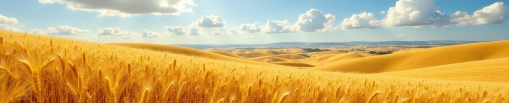 Golden wheat field, rolling hills, cloudy sky, outdoors, serene