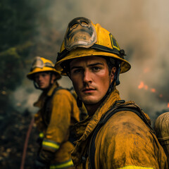 Naklejka premium Portraits of a soldier and firefighters in different settings