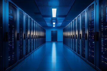 Fototapeta premium A dimly lit data center with rows of server racks, illuminated by blue lights, leading to a door at the end of the hallway. Concept Data Center Ambiance, Server Rack Arrangement