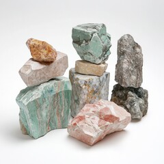 Stacked Group of Colorful Minerals Piled Together on White Background