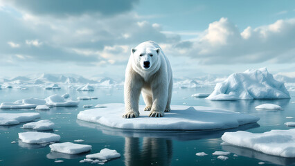 Polar bear on ice floe. Melting iceberg and global warming. Climate change.