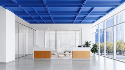  Realistic 3D rendering of a modern open-space office with a blue ceiling, large windows, and contemporary furniture.