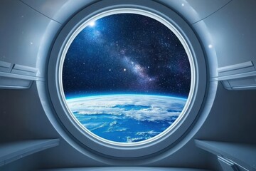 Earth view through spacecraft window with milky way galaxy and starry night sky, space station porthole perspective