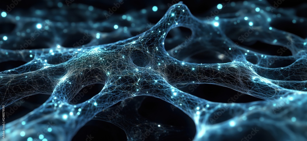 Poster abstract network structure with glowing nodes and interconnected fibers, representing digital connec