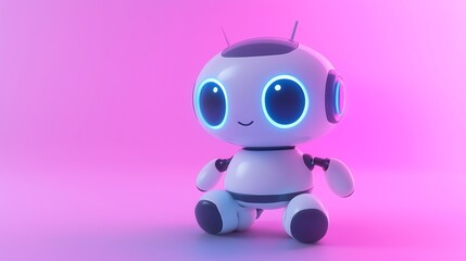 Cute 3D robot character with glowing eyes in a futuristic pink-lit scene, perfect for tech, AI, or toy concepts.