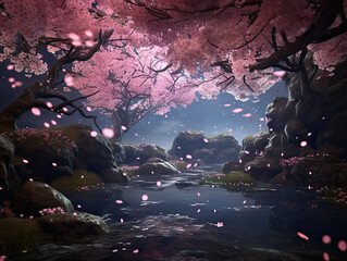 Tranquil Night Scene in a Japanese Garden with Falling Cherry Blossoms