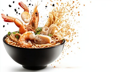 A bowl of seafood ramen bursting mid-air with shrimp, scallops, squid, and rich umami broth frozen in time, isolated on white