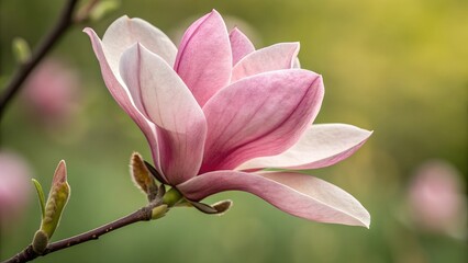 Obraz premium Pink Magnolia Bloom: A delicate pink magnolia flower in full bloom, showcasing its exquisite petals and soft colors against a gently blurred green background.