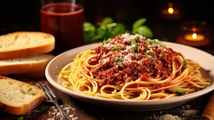 Elegant spaghetti bolognese presentation with crusty bread and drink