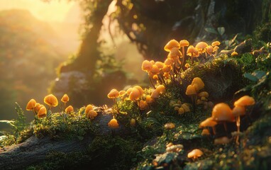 A cinematic shot of delicate chanterelle mushrooms growing on moss-covered logs, bathed in soft warm sunset light