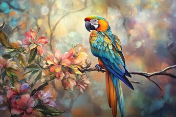 Obraz premium a vibrant macaw perched on a flowering branch, iridescent feathers catching sunlight, dramatic bokeh background, hyper-detailed plumage in rich tropical colors