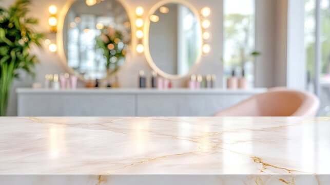 Shiny marble table surface on blurred background of beauty salon with empty space for placing skin or hair care product