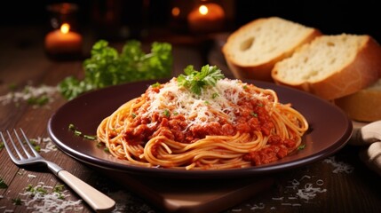 Elegant spaghetti bolognese served with bread and candlelight dinner