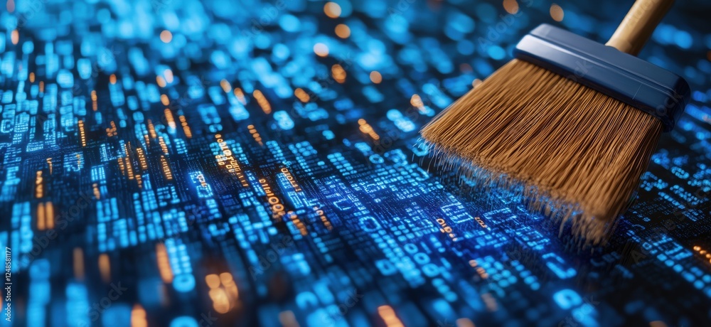 Poster Digital cleaning process represented by broom sweeping through binary code and data streams, copy space for text