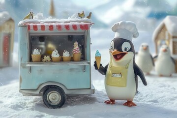 a whimsical penguin wearing a chef's hat and apron, standing at a tiny food truck serving ice cream cones to other arctic animals