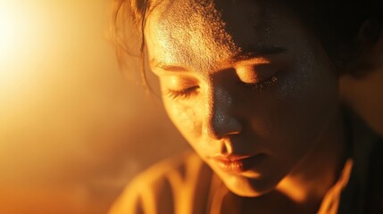 close up portrait of a young person with sweat on their face