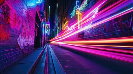 Fototapeta premium Neon city alley light trails, night photography, vibrant graffiti walls