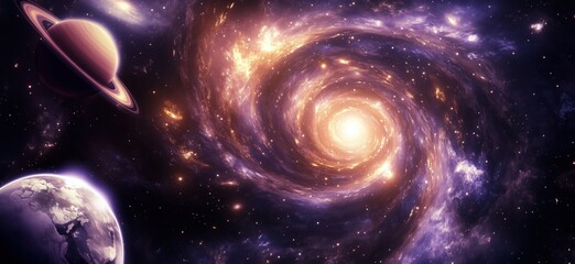 Galactic Spiral with Saturn and Earth in Cosmic Scene, Vibrant Colors and Stars, copy space for text