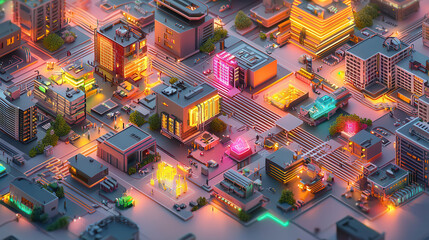vibrant 3D isometric illustration of futuristic cityscape with glowing buildings, streets, and vehicles, showcasing urban life at night