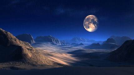 moon over the mountains, mysterious desert at night, a beautiful landscape