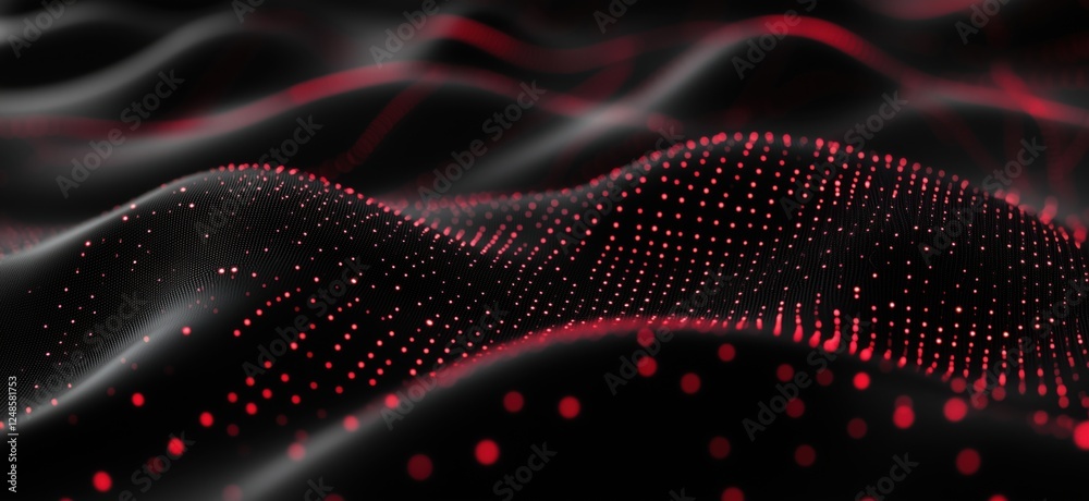 Poster abstract digital landscape with red dots on black background, representing data visualization and te