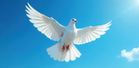 Majestic white dove soars, wings outstretched against vibrant blue , bird flight, open wings, bird