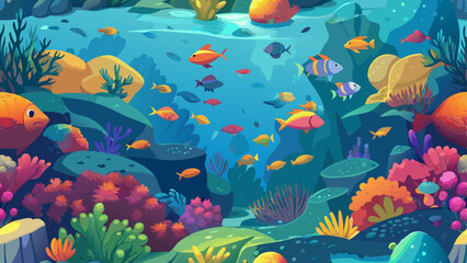 Fototapeta premium Seamless coral reef pattern with fish in modern abstract style