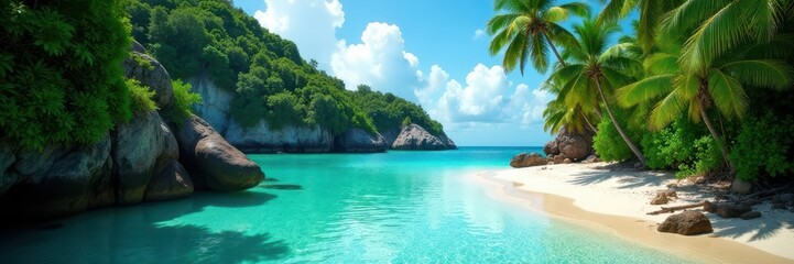 Fototapeta premium Lush jungle meets secluded beach, crystal clear water, untouched, landscape, white