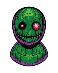 A terrifying image of a possessed ventriloquist dummy, its painted face cracked and revealing sinister, glowing eyes.  The dummy's posture is unsettling.