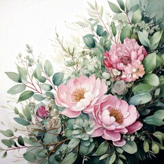 A botanical border of eucalyptus and pastel florals.