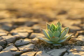 Fototapeta premium A succulent plant emerging from cracked dry soil, symbolizing resilience and beauty in arid conditions. Concept Resilience in Nature, Succulent Plant Beauty, Dry Soil Survival, Symbol of Hope