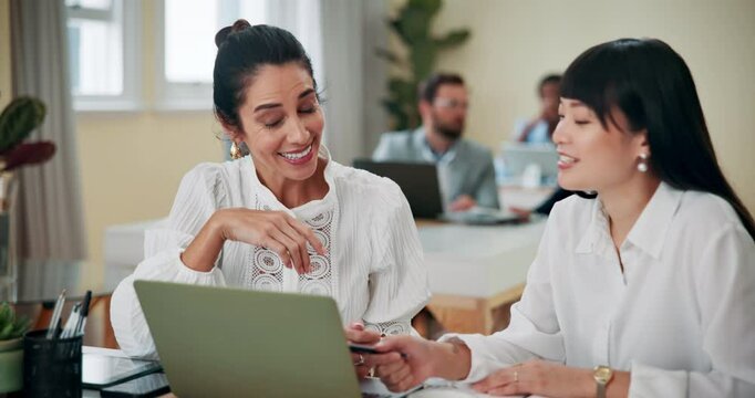 Teamwork, discussion and women with laptop, happy and explanation for intern with project and online. Talking, web designer and manager with trainee in meeting, feedback and collaboration with app