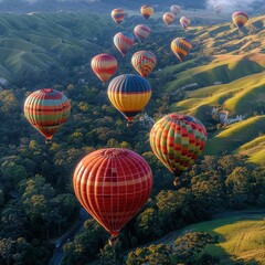 Fototapeta premium A vibrant display of hot air balloons soaring over lush green hills at sunrise, creating a picturesque landscape scene