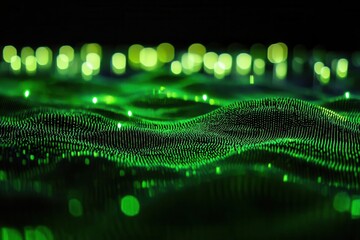 abstract digital landscape of flowing binary code creating geometric patterns, neon green matrix elements on black background