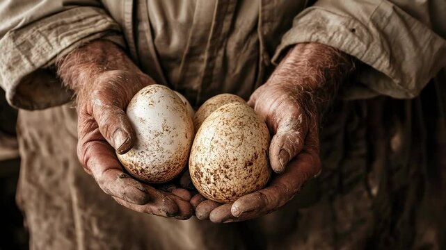 Farmer holding ostrich eggs on farm background.