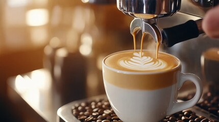 Fototapeta premium Barista pouring latte art into a white cup with coffee beans in the background during morning light
