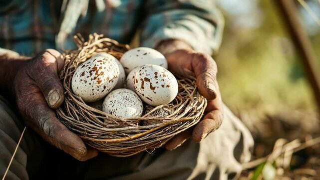 Farmer holding ostrich eggs on farm background.