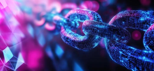 Digital blockchain chain link with glowing binary code and vibrant colors, copy space for text