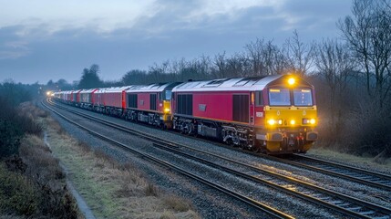 Fototapeta premium Majestic Freight Train Rolling Through the Night: A Captivating Display of Power and Precision on the Rails