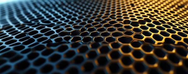 Abstract honeycomb pattern with metallic texture and gradient lighting effects, copy space for text