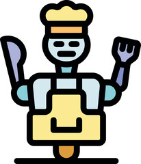 Robot chef wearing apron and chef hat holding fork and knife, symbolizing automation in cooking