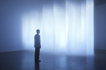 Obraz premium a person stands in front of bright glowing pillars in an empty room