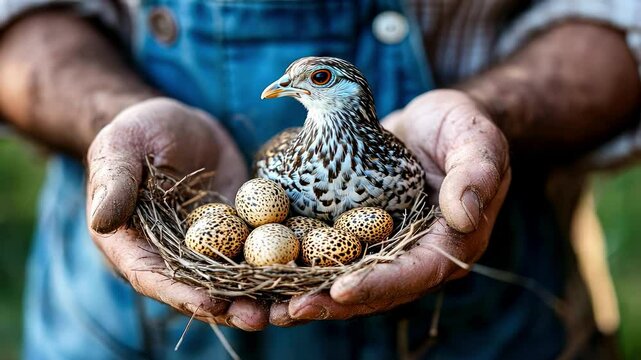 farmer holding quail eggs and quail.