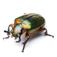 Naklejka premium Vibrant iridescent beetle: A close-up view of a jewel-toned insect with intricate details, showcasing the beauty of nature's artistry.