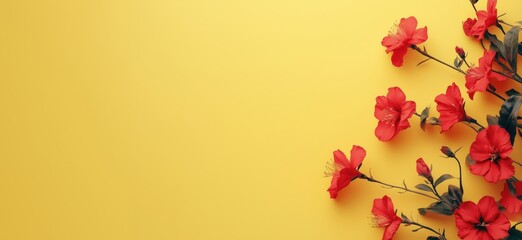Vibrant red flowers on bright yellow background for cheerful decoration, copy space for text