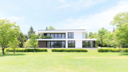 Realistic modern house surrounded by lush green hedges, clear blue sky. 